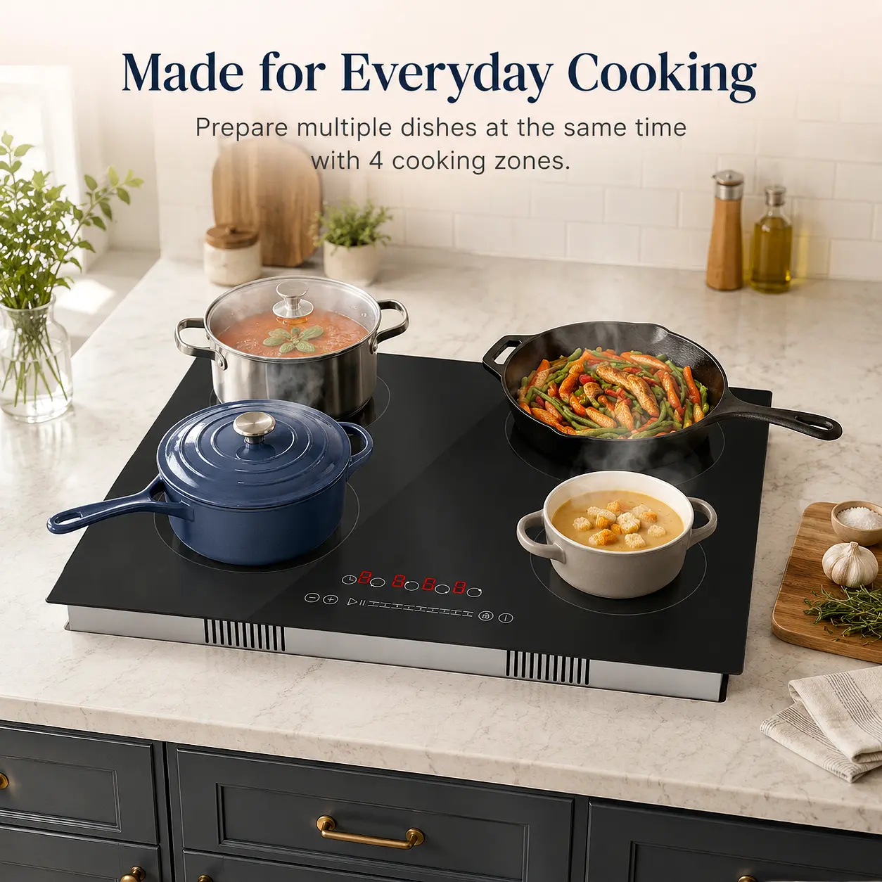 4-Burner Electric Cooktop 3000W, Built-in & Countertop Radiant Stove 9 Temperature Levels & Timer, Microcrystalline Ceramic Glass for Kitchen