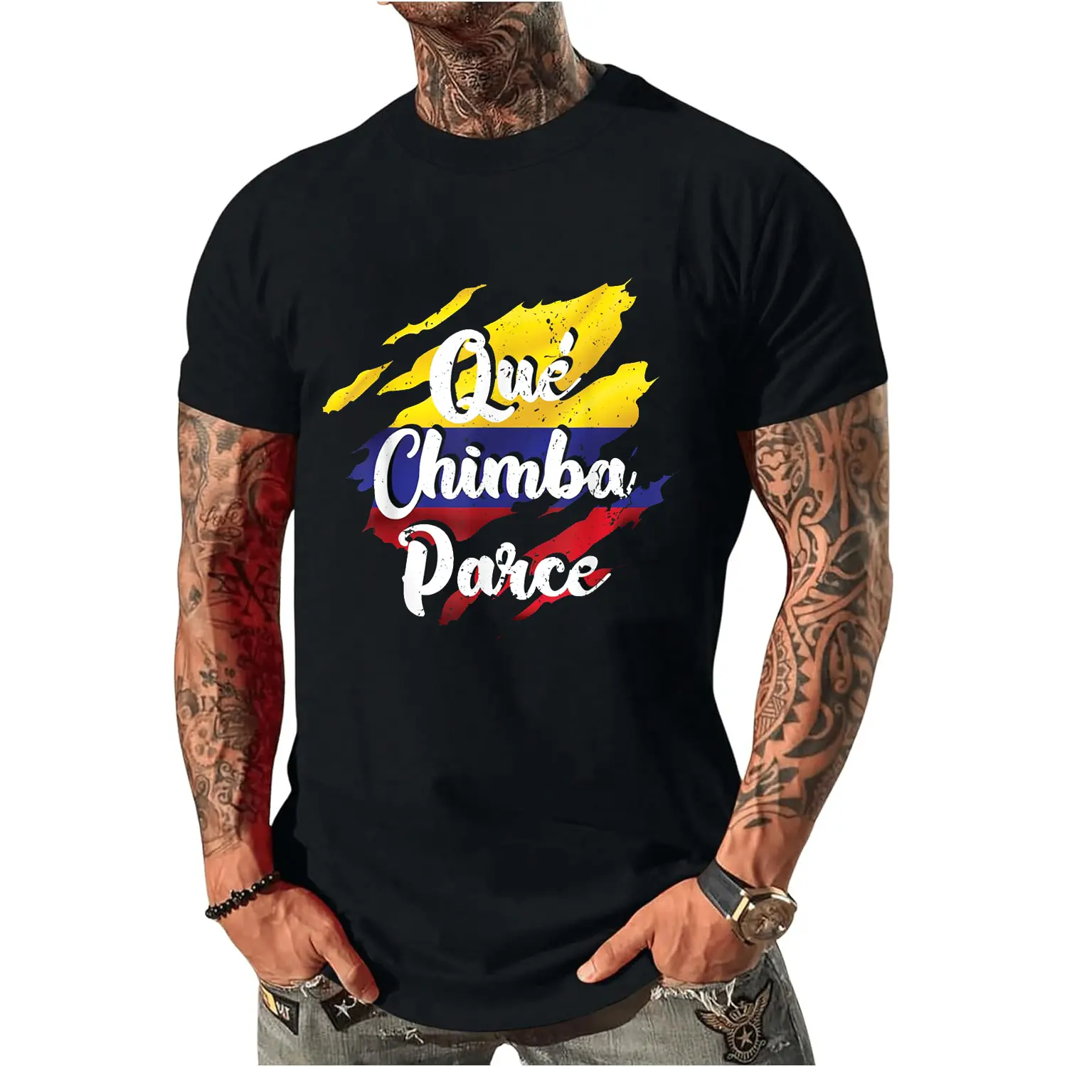 Women's Round Neck T-Shirt, Vintage Qué Chimba Parce Colombian Flag Graphic, Distressed Cotton Short Sleeve Tops, Shortsleeve, Casual, Colombian Slang Hit, Flag Print
