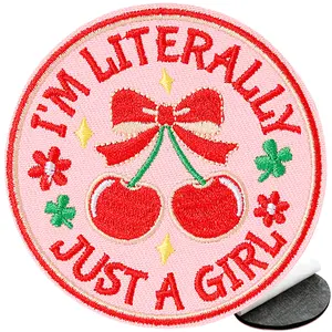 1 Count I'm Literally Just A Girl Pink Cherry Hook and Loop Patch, Funny Red Cherry Cute Patch for Girl, Women, DIY Embroidered Applique Embroidery Design for Backpacks, Vests, Bags, Hats, Dog Harnesses