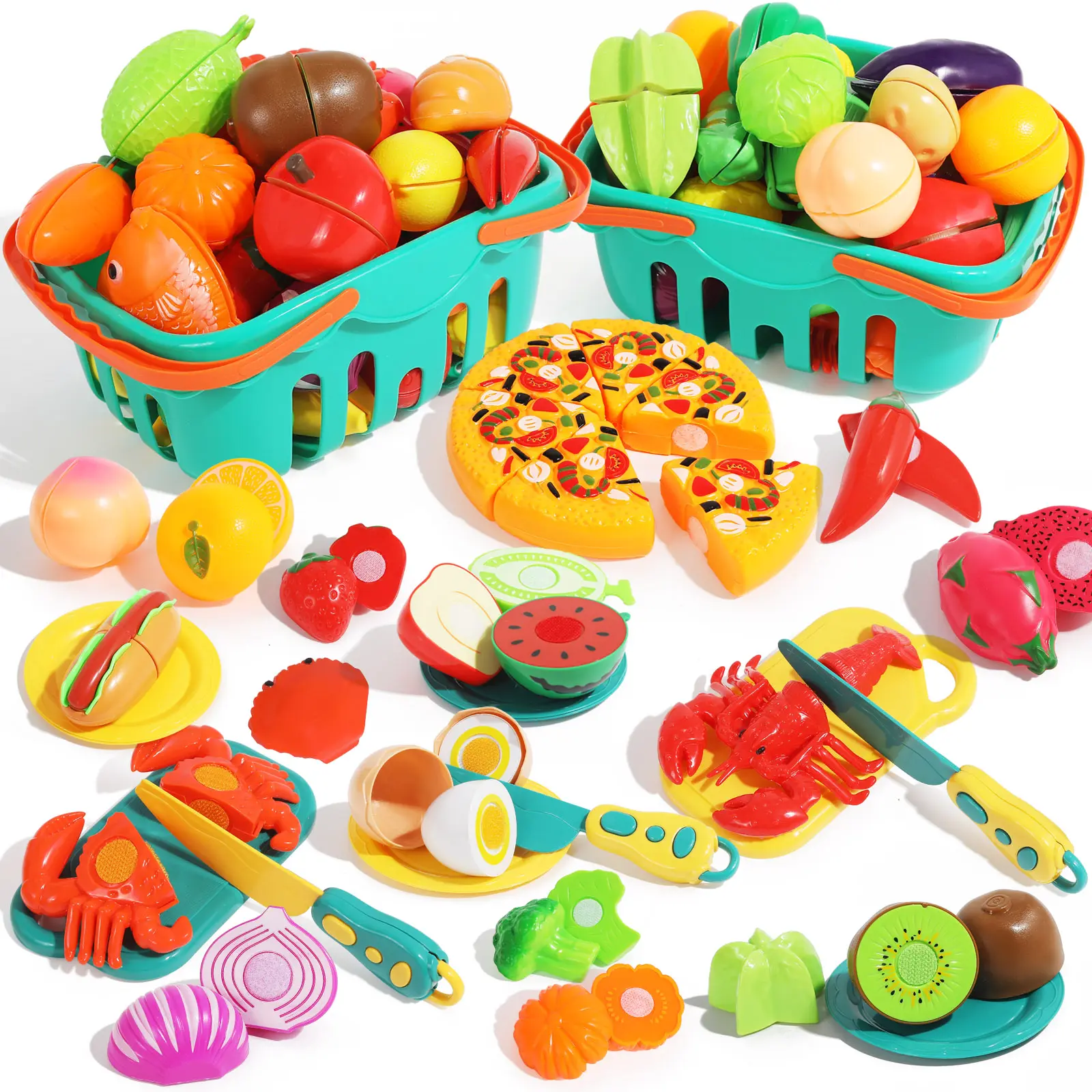 Nontoxic 100 Pcs Play Food Set for Kids Kitchen, Plastic Cutting Fake Food-Fruit-Vegetable Accessories with 2 Baskets, Pretend Play Toy for Toddlers Age 1-3, Birthday Gift for Boys Girls Age 2-5, Nontoxic Play Food