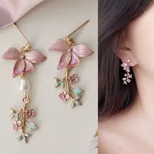 Asymmetric Pair of Dangle Earrings - Pink Blooming Flower Design with Accents, Golden-Tone Metal Vintage Floral Jewelry for Women, Casual Attire & Holiday Gifts, Quirky Earrings
