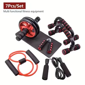 Ab Workout 7pc Set - Push-up Stand, Ab Wheel, Mini Mat, Resistance Band, Jump Rope, Hand Gripper for Men & Women Home Gym Fitness Enthusiasts