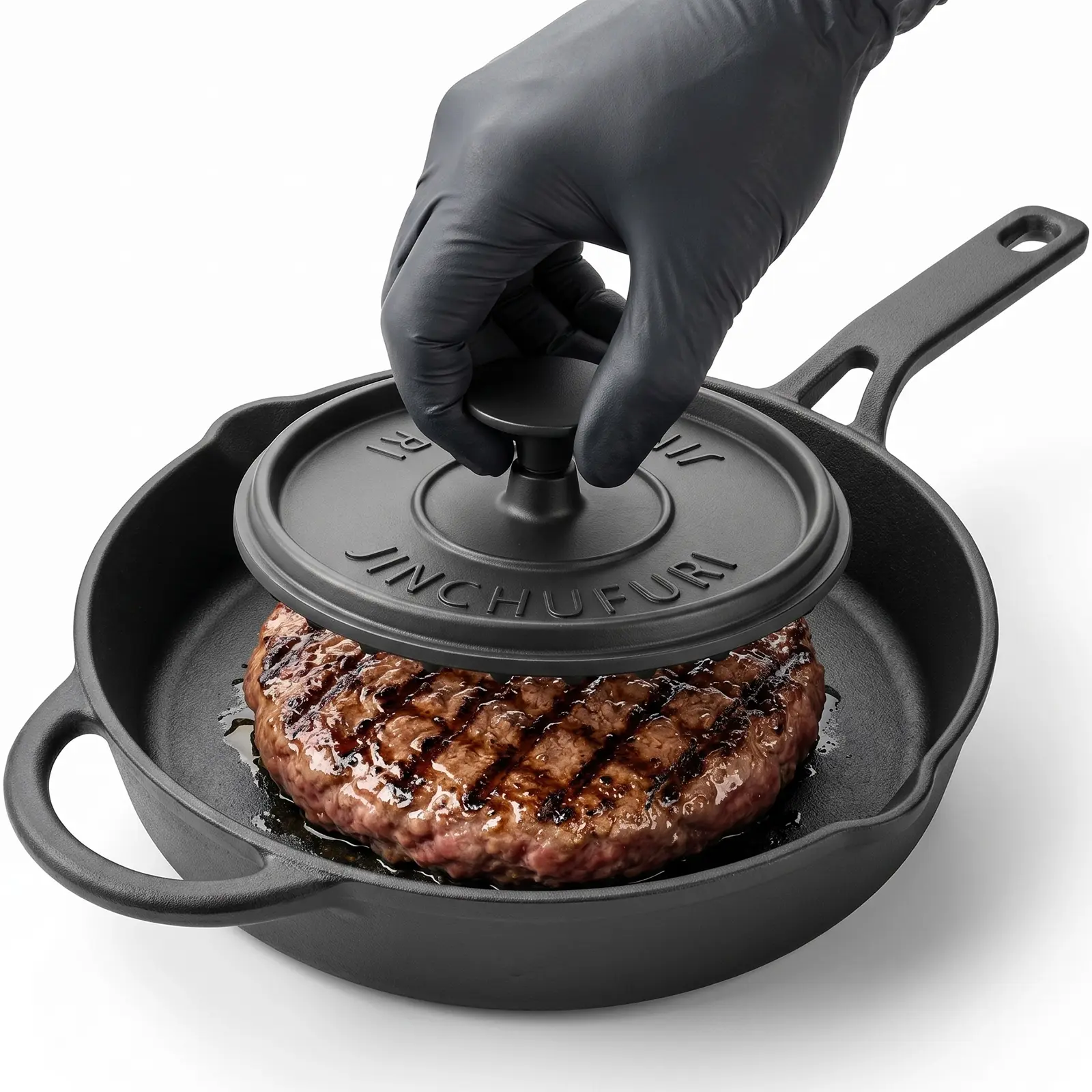 Cast Iron Skillets Set with Burger Press, 10.25 inches Pre-Seasoned Frying Pan & 8 Inch Grooved Smash Burger Press, Heavy Duty Cast Iron Grill Press for Bacon