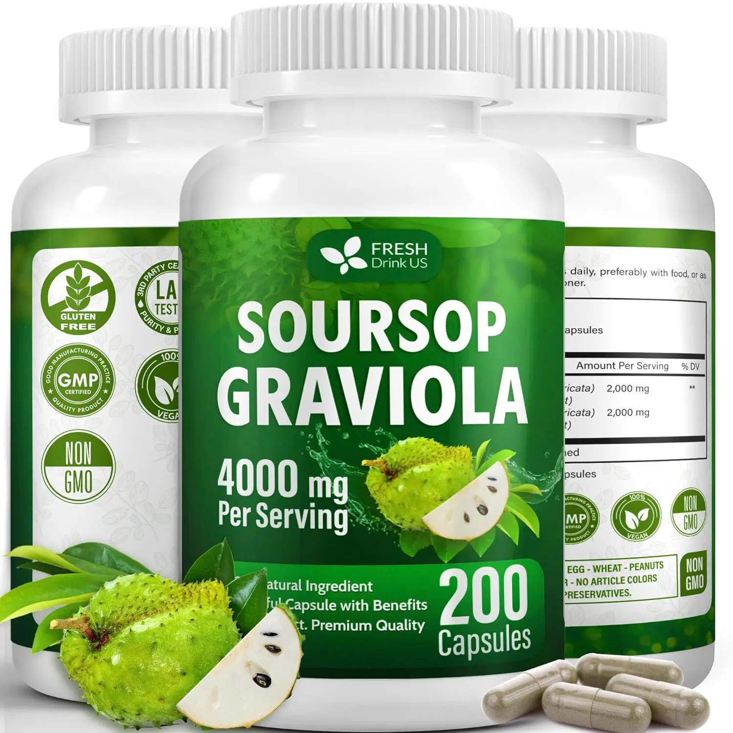 【FreshDrinkUS】 Premium 200 Soursop Capsules, 4000mg per Serving, 100 Days Supply – 100% from Natural Soursop Graviola Fruits and Leaves Extract, Vegan Capsules, Non-GMO, Gluten-Free. Edible Supplement #Clearance Sale