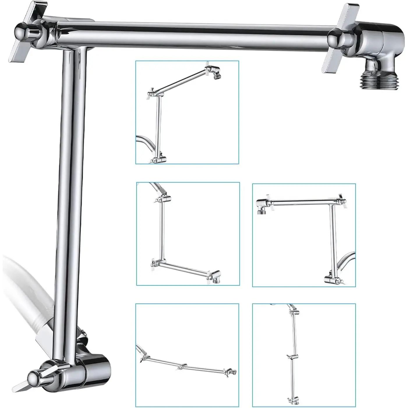 Shower Extension Arm, 16" Upgrade Solid Brass Shower  Shower  Extender, Adjustable Height Extended with G1/2 Universal Connection for Rain & Handheld Shower  - Chrome