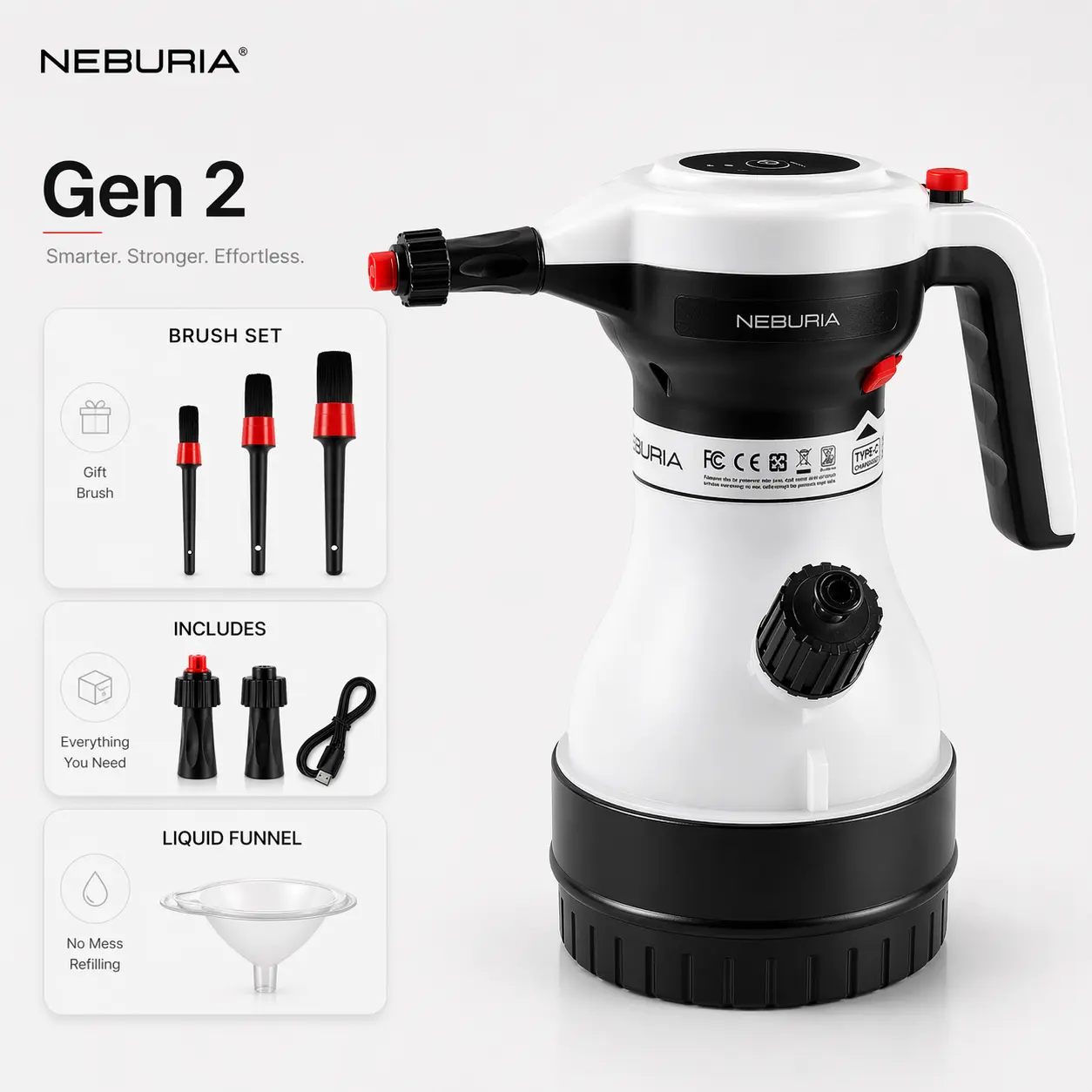 NEBURIA Gen 2 Electric Foam Sprayer - Rechargeable High Pressure Car Washing Tool, Foam Soap Lance, Portable Cordless, Smart Pressure Control for Car Wash, Home Cleaning