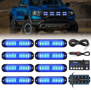 Nilight 8PCS Led Strobe Lights with Controller 12V 24V Sync Feature Blue Strobe Light 12 LED Surface Mount Lights with Strobe Controller for Vehicle Car Truck RV ATV