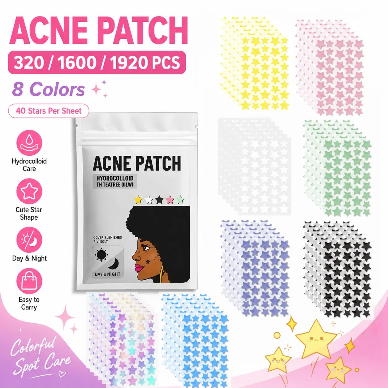 New Eight-Color Star Acne Patches, Star Pimple Patches, Multisize Hydrocolloid Makeup Stickers, Cute Multi-Color Design for Daily Makeup and Photo Props