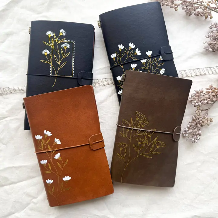 Petite Travel Floral Notebook Journal - Cute Aesthetic, Floral Design, Hand-Drawn, Foil Edition, Gold Foil Cover, Neutral Color, Refillable Lined Pages, 7.9x4.7in, Bag/Purse-Fit Office Stationery, Cute Aesthetic Notebooks, Floral Design Notebooks