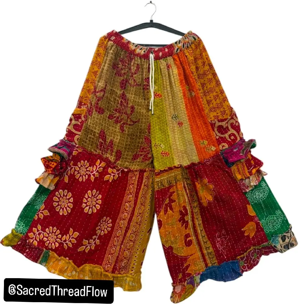 Women's Traditional Cotton Ruffle-Accented Wide-Leg Kantha Pants (Sizes small-3X)