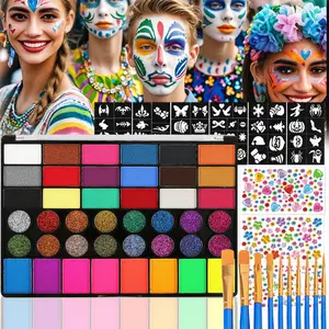 The Ultimate 42-Color Glow in The Dark Face Paint Set - Includes Brushes, Gems & Stencil Cards for Cosplay & Party
