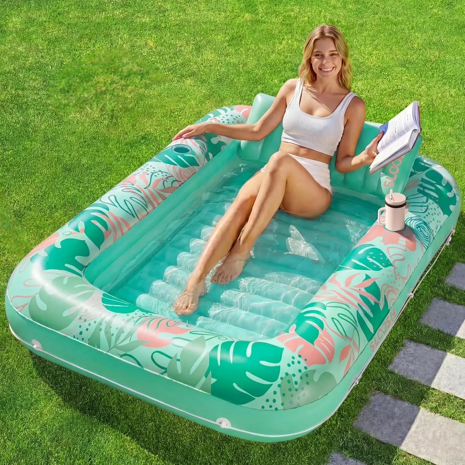 Inflatable Tanning Pool Lounger Float, 70" x 46" Pool Floats Adult with Pillow, 4 in 1 Suntan Tub Raft Floatie,Sunbathing Bed Lounge for Water Blow Up Ball Pit Party Gifts, L-Aqua Blue