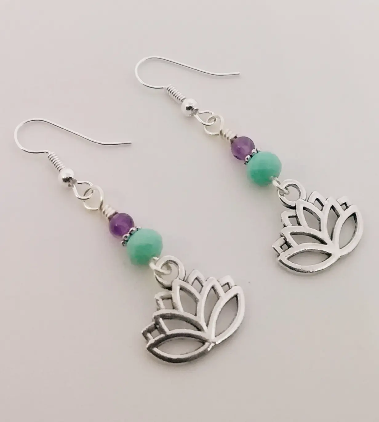 Lotus Flower Dainty Dangle Charm Earrings with Purple & Teal Beads Silver Tone Fashion Accessories