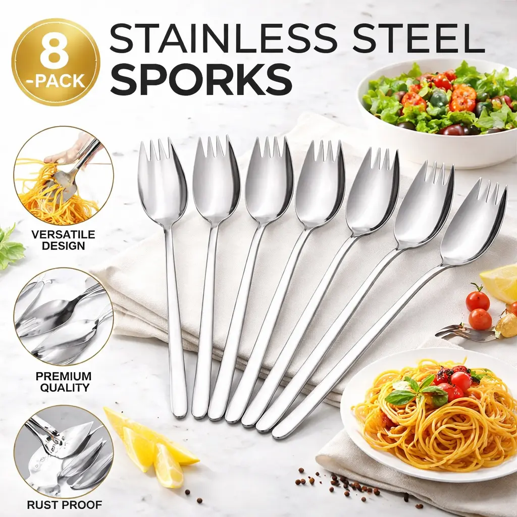 8pcs Modern Ergonomic 18/10 Stainless Steel Spork Cutlery Set - 7.4in Long Handle Spoon-Fork Scoop for Fine Dining, Fruit, Household Use
