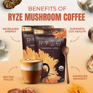 RYZE Mushroom Coffee USDA Organic with 6 Adaptogenic Mushrooms and MCT Oil, USA Grown Instant Coffee for Better Energy, Focus, Digestion, Immunity with Turkey Tail, Shiitake, Lion's Mane,30 Servings