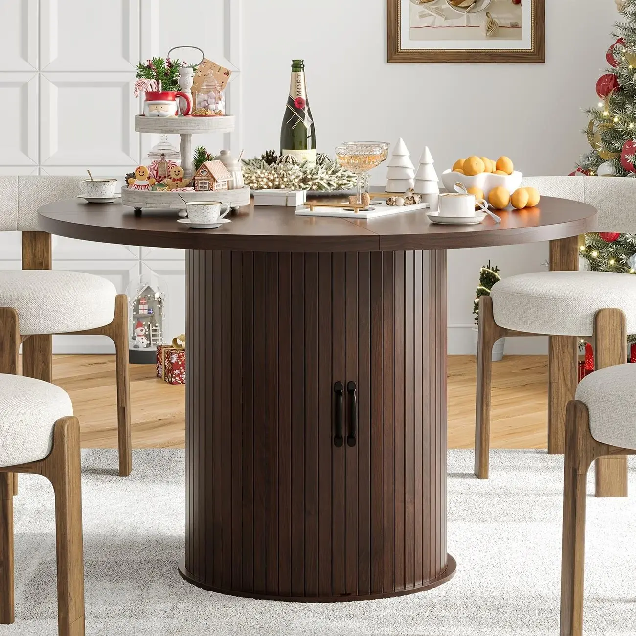 Aoxun 47'' Round Dining Table for 4 Kitchen Dining Table with Storage Dinner Table with 2-Layer Shelf and Wood Slide Door for Home Dining Room Living Room mesa minimalist coffee furniture free expandable golden metal leg