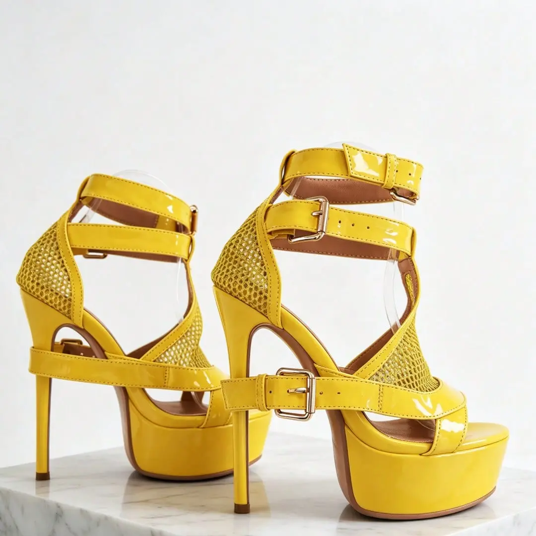 Women's Glamorous Yellow Mesh Caged Ankle Bootie Sandals - Multi-Buckle, Open Toe, Platform Stiletto High Heels for Party, Date Night ,Girl ,Shoe ,Footwear