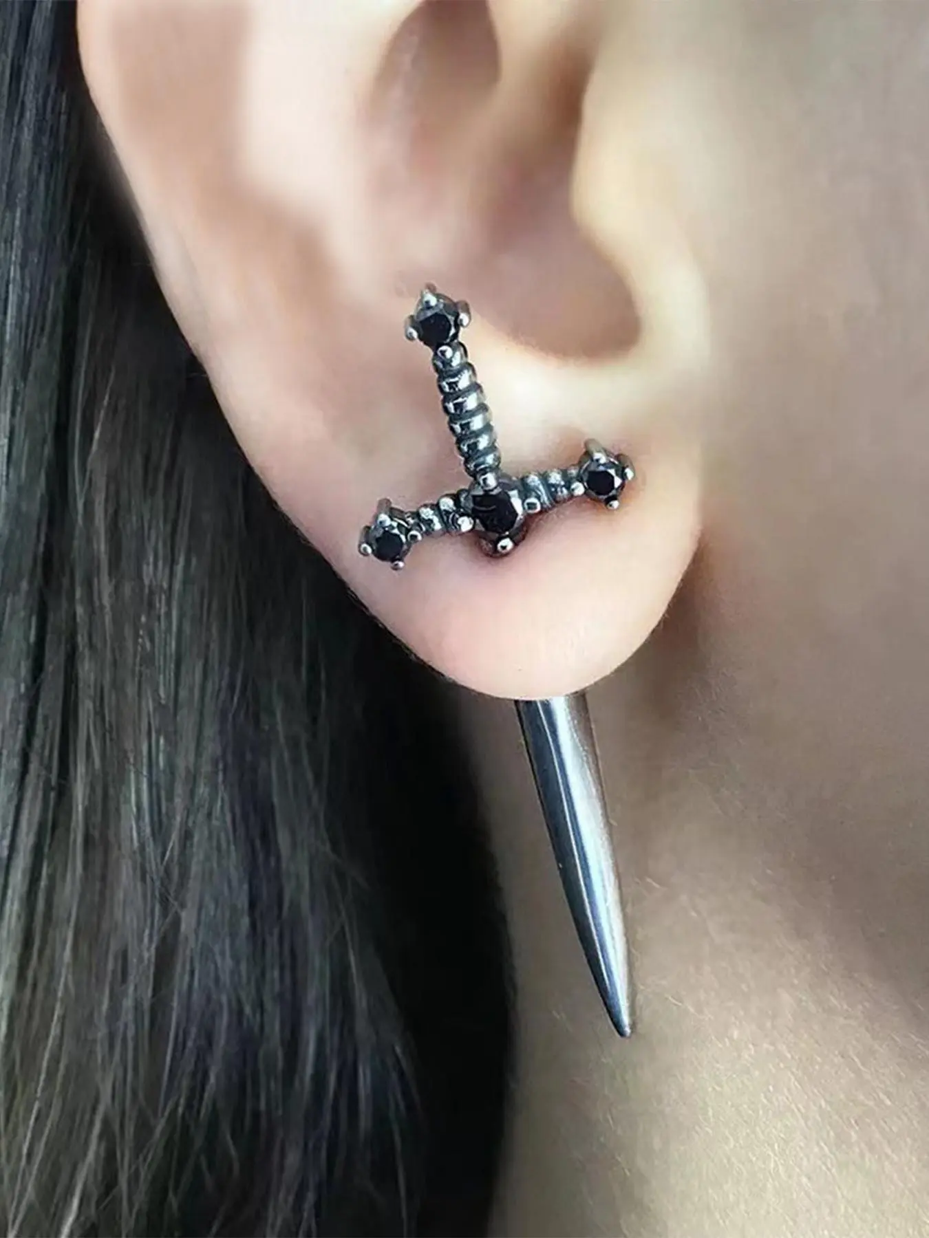 Punk Style Sword Design Artificial Gemstone Decor Dangle Earrings, Studded Cross Earrings, High Quality Earrings, Fashionable Jewelry for Women, Trendy All-match & Exquisite Jewelry for Birthday Gift