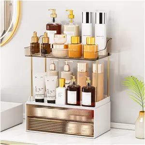 7CODE 4-Tier 2-Drawer Bathroom Organizer with Makeup, Perfume, and Skincare Organizers in Amber Racks Cosmetic Box