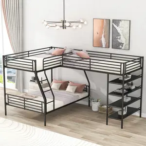 Triple Bunk Bed L-Shaped Metal Twin over Full Bunk Bed and Twin Size Loft Bed with Four Built-in Storage Shelves, Heavy-Duty Metal Frame, Noise Free, Black