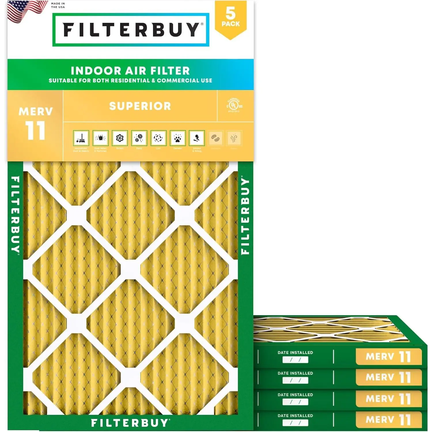 Filterbuy 14x25x1 Synthetic Pleated MERV 11 Allergen Defense HVAC AC Furnace Air Filters (5-Pack, Actual Size: 13.50x24.50x0.75 In)