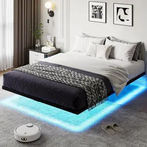 HOMBCK Floating Bed Frame with LED Lights,  No mattress, Metal Platform with Heavy Duty Steel Slats, No Box Spring Needed, Easy to Assemble