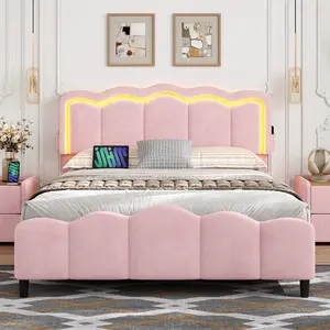 Complete Upholstered Bed Frame with Adjustable Headboard, Chic Double Wavy Design, Velvet Finish, Platform Bed with USB Charging Station, LED Lighting, No Box Spring Required, Pink
