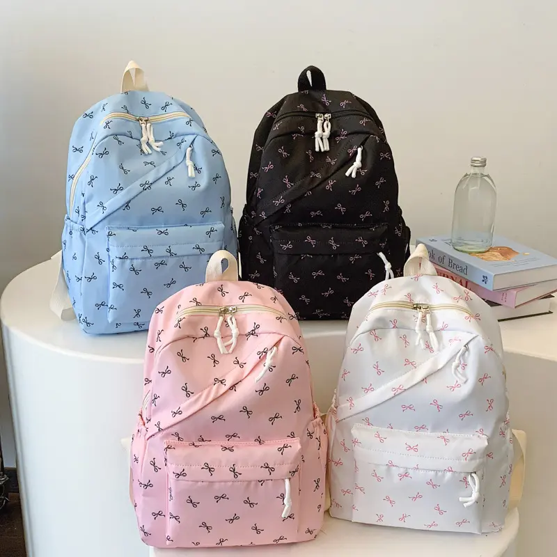 TKCCK 3PCS Bow Backpack Set for Teen Girls Cute Nylon School Bag with 3D Ribbon Bow Detail Adjustable Strap Fits 15.6 Laptop Textbooks Binders Y2K Preppy Aesthetic Bookbag Back to School College Travel Daily Use TikTok Viral Trending Gift for Her