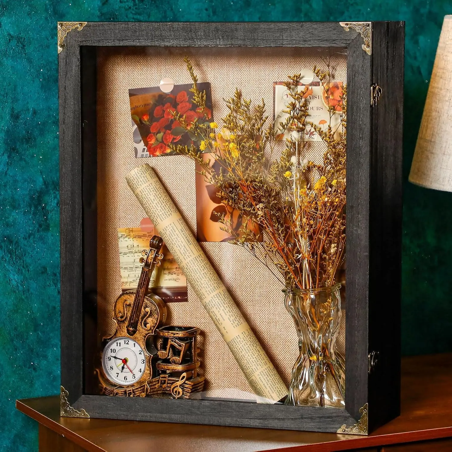 16x20 Inch Shadow Box Depth 4.7in Shadow Boxes Display Cases with Cork Board Backing Rustic Burnt Wood Box for Flowers Bouquet Wedding Picture Photo and Keepsake Black