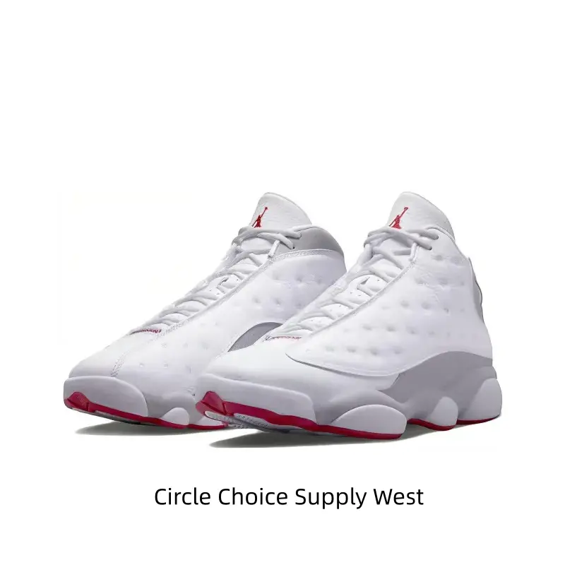 White, Grey and Red High-Top Retro Basketball Shoes with Pebbled Leather and Suede Upper, Red Accents and White Midsole