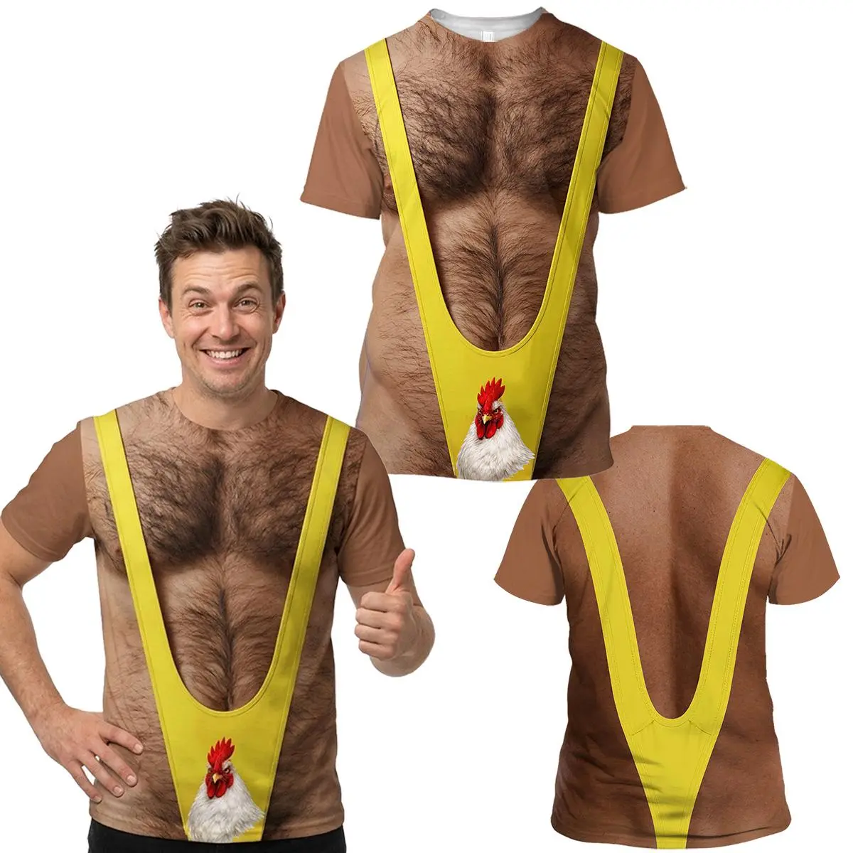 Funny 3D Graphic T-Shirt for Men Women, Muscle Chest Hair Costume Shirt, Novelty Gag Gift Tee, Party Outfit Halloween Shirt NNA