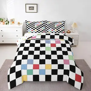 Feelyou Black White Checkerboard Kids Bedding Set - Microfiber Filled Comforter, U-Stitched Funky Plaid Quilt, Breathable Lightweight Microfiber Blanket, Travel-Friendly Multi-Size for Boys Girls, Lightweight Blanket