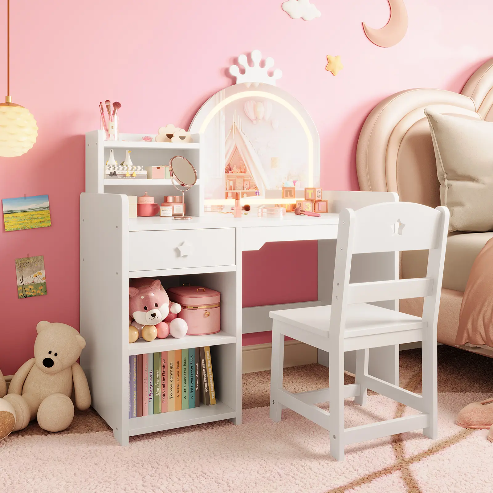 Garvee 2-in-1 Princess Kids Vanity Set With LED Mirror – Bookshelf Storage Cabinet Wooden Makeup Table & Chair for Girls Bedroom or Playroom Pink And Purple