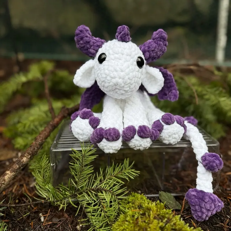 Handmade Crochet Dragon Cuddle Plushie - White with Purple Accents, Includes Purple Horns, Plush Design, Ideal for Cuddling