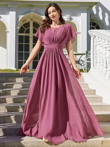 Elegant Women's Round Neck Pleated Sleeve Waist Cinching Maid of Honor Dress, Recycled Fabric Party Gown, Stylish Bridal Attire