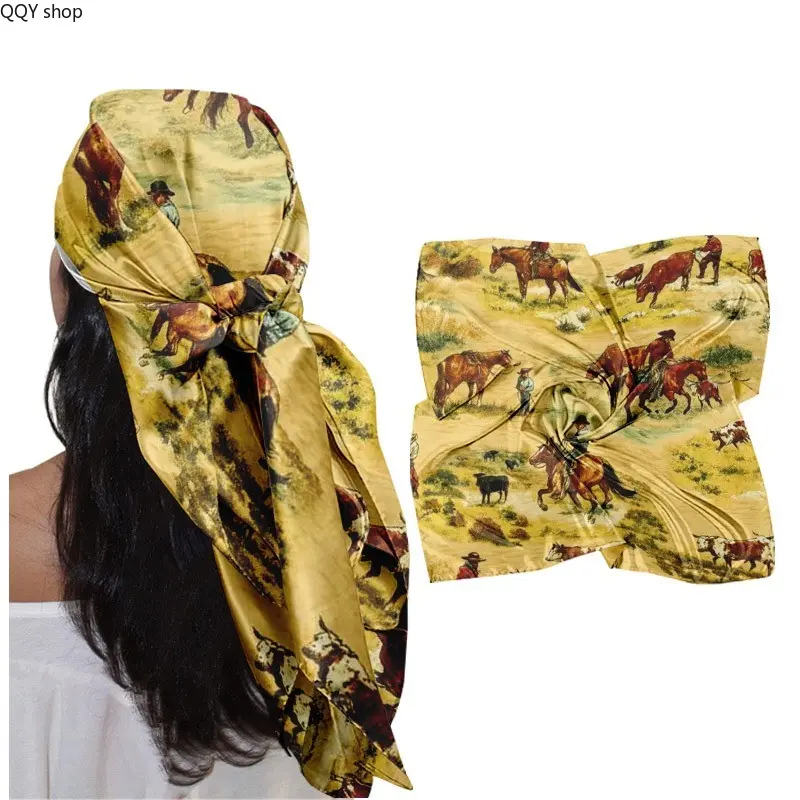 Western Cowboy Print Square Scarf, Soft Breathable Multi-Use Head Wrap Bandana, Vintage Wild West Fashion Accessory, Lightweight Stylish Scarf for Women Daily Wear, Country Concerts, Outdoor Trips and Western Outfit Styling