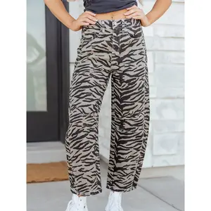 Grey zebra striped printed wide leg jeans with fashionable zebra print on soft and durable fabric, mid waistband buttons and zipper.RAIMENTRY
