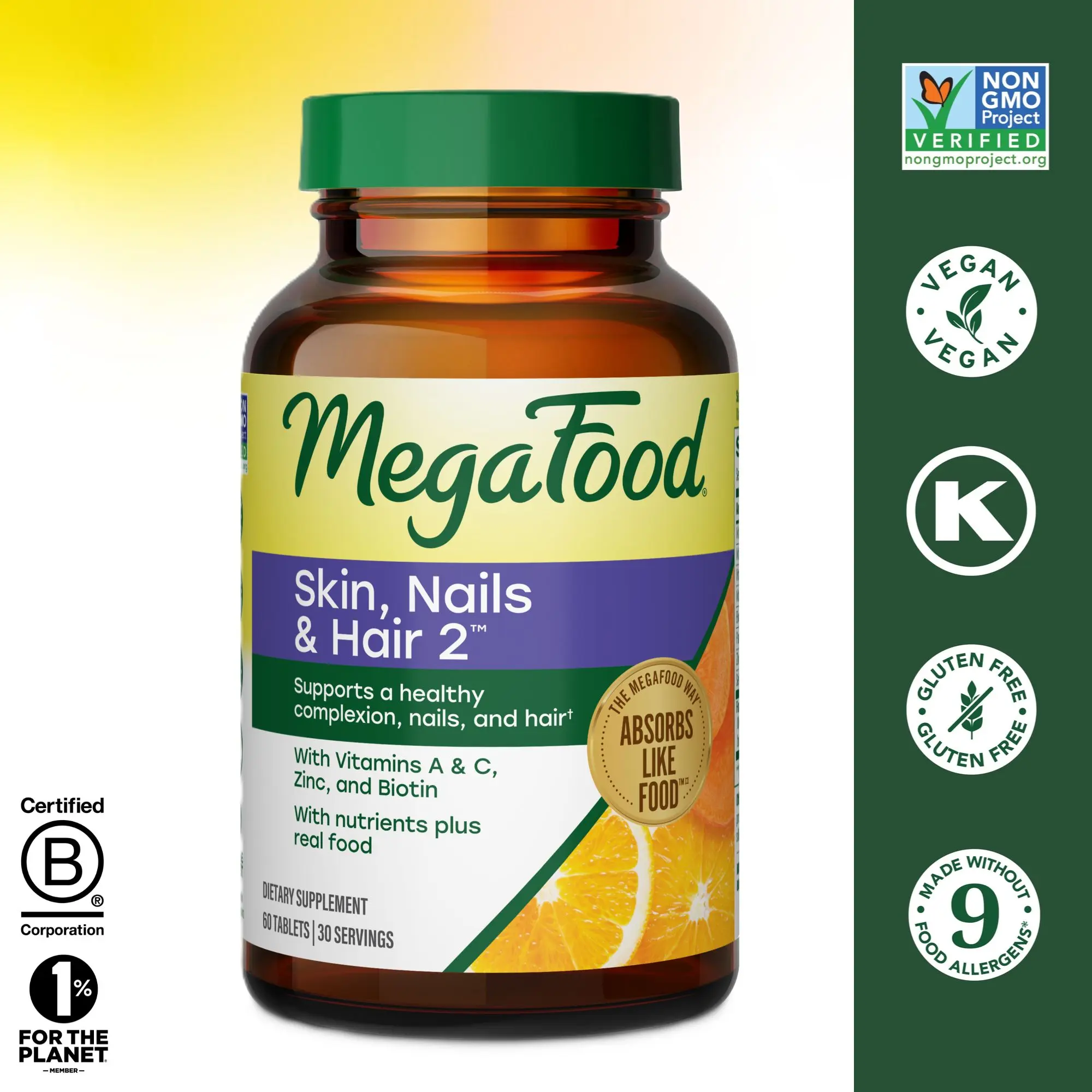 MegaFood Skin, Nails & Hair 2-Supports a Healthy Complexion, Nails and Hair*. Vitamin A, C, Zinc & Biotin. 30 Servings