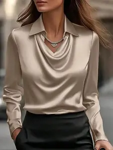 Luxurious Elegant Satin V Neck Shirt for Women, Fashion Long Sleeve Office Commute Silk Fabric Top, Perfect Casual & Formal Wear Sleeveless Comfortable Fit Mini Dress Essential Bottoms Street Style Jacket Maxi Skirt, date night
