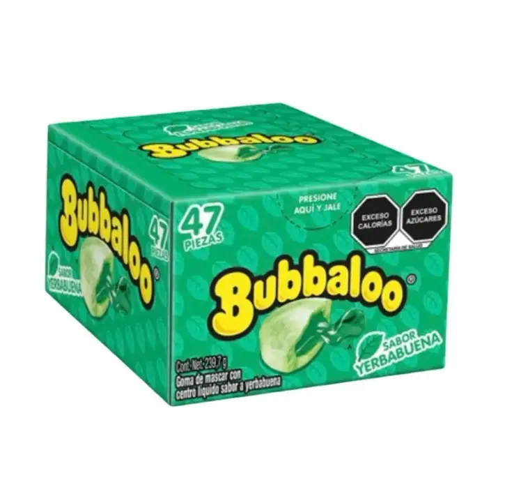 Bubbaloo Yerba Buena (Spearmint) Chewing Bubble Gum with Liquid-Filled Center, Box of 47 Pieces Snack Flavor, Mexican Candy, Dulces Mexicanos Chewy Candies Sweet