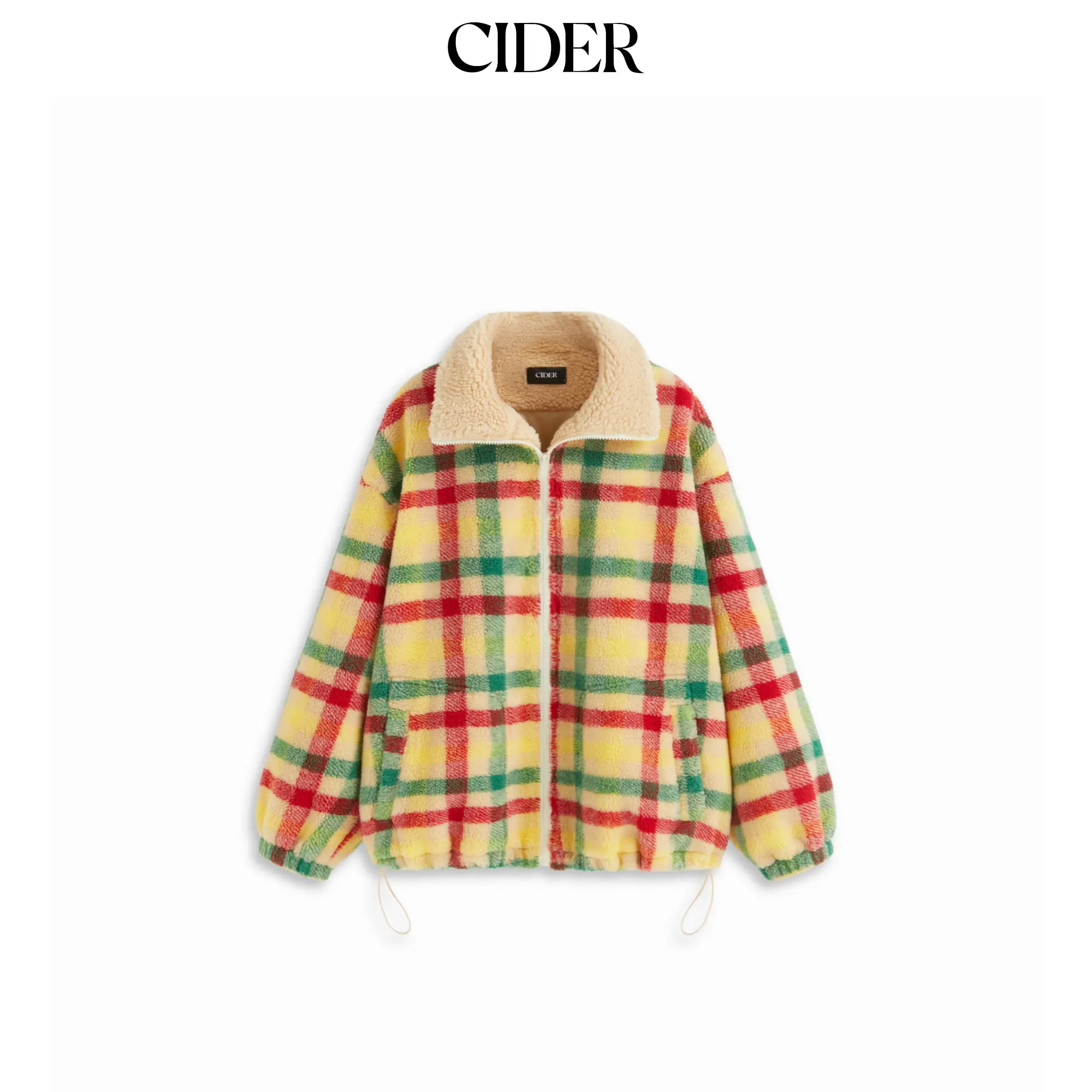 Cider Fleece Plaid Stand Collar Zip Through Drawstring Oversized Jacket