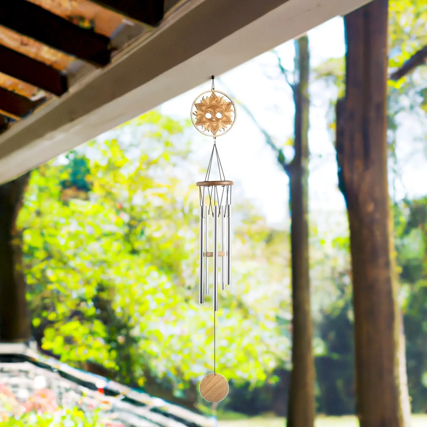 34" Long Wood Silhouette Sun Wind Chime