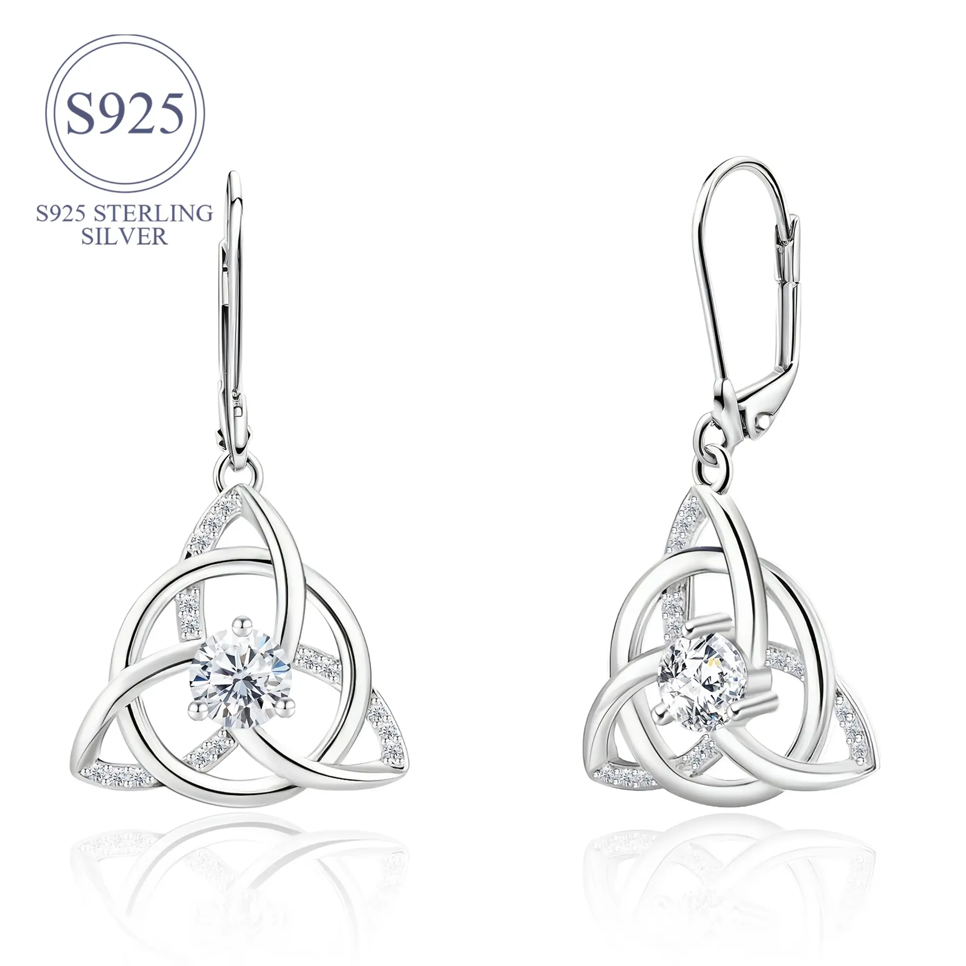 S925 Sterling Silver Celtic trinity Knot Leverback  Earrings, Fashion Hypoallergenic Cubic Zirconia Design Triquetra Dangle Earrings for Women, Ideal Jewelry Gift for Christmas Anniversary Birthday Valentine