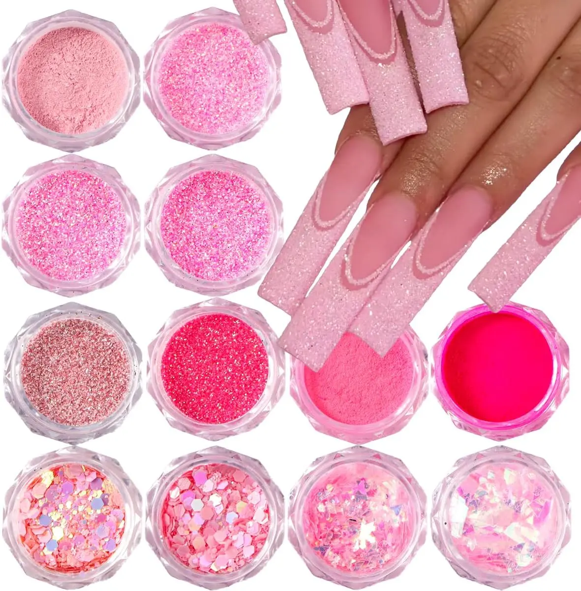 12 Jars Pink Iridescent Nail Glitter Powder Set, Vibrant Shades Sequins Dust Paillette Sparkle Flakes, Convenient Jars Nail Supplies for Acrylic Tips Manicure Decorations, Iridescent Glitter, Glam, Diy Nail Art, Bedazzling Ideas