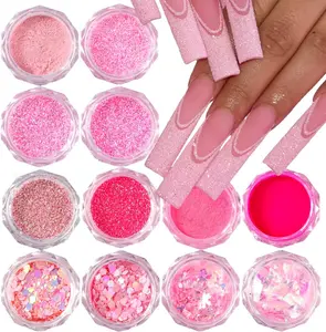 Pink Nail Glitter Powder, 12pcs Nail Art Sequins Dust Set, Holographic Paillette Sparkle Flakes for Acrylic Tips Manicure Decorations
