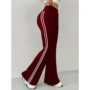 Women'S High-Waisted Tummy Control Flared Sports Pants, Striped Contrast, Casual Bell Bottoms, Polyester 90% Elastane 10%, Medium Stretch, Solid Color, Knit Fabric, 180g/m² - Joggers Style
