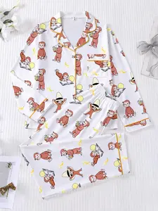 Women's Sleepwear Cute Loungewear Set, Cherry and Monkey Print Pajamas, Comfortable Collared Top and Long Pants, Casual All Seasons Fitted, Matching Pajamas Set