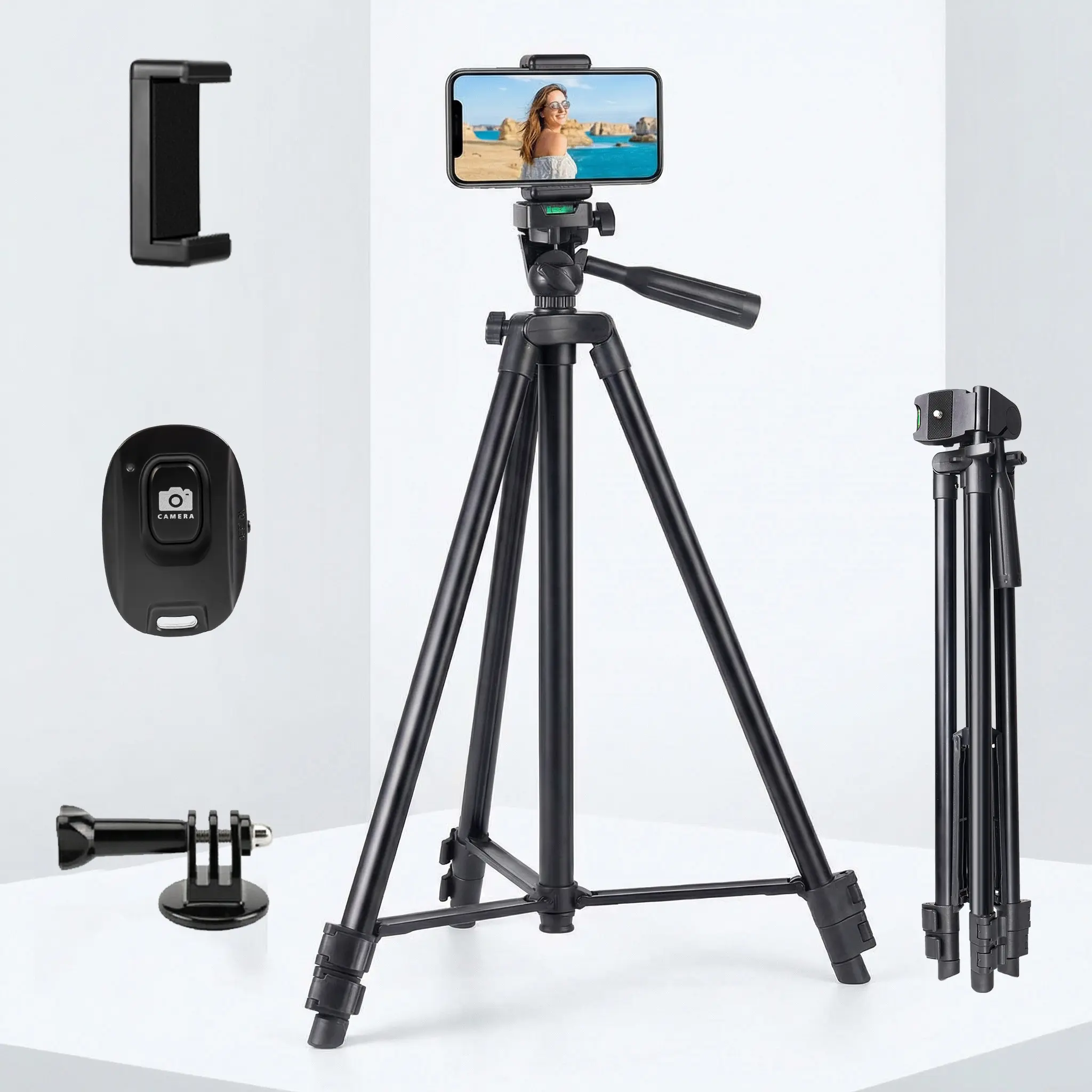 50.3" Length Adjustable Aluminium Alloy Tripod Stand - Multi-Functional Selfie Stick with Phone Holder, Camera Mount, Cold Shoe Lights, for Streamer Filming Setup, Vlogging Gear, Portable Black Electronics Accessory