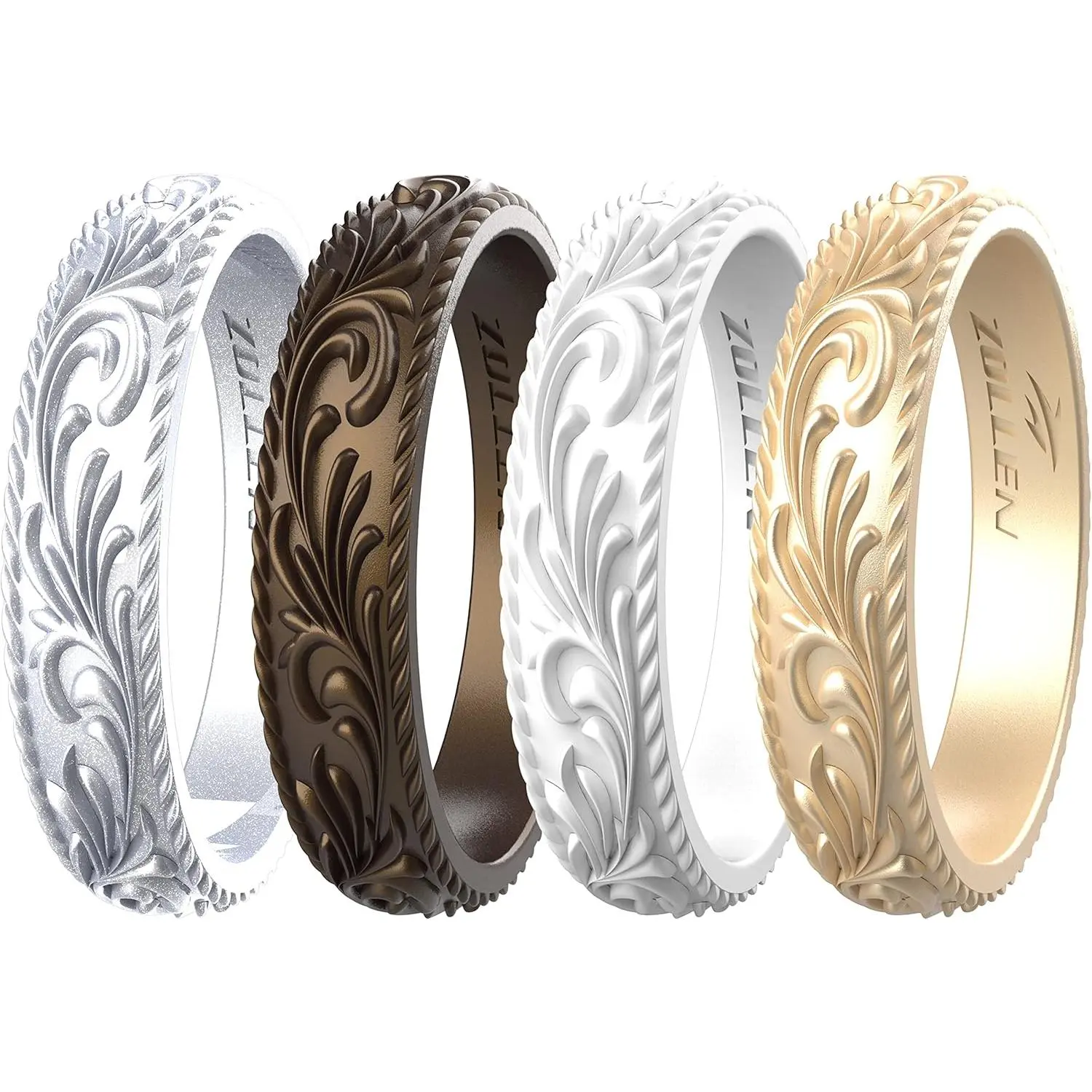 Stackable Silicone Rings for Women, Interchangeable 4/7 Pack - Metallic Vine Pattern Bands, Medical Grade & Hypoallergenic for Everyday Wear, Stackable Rings Set, Interchangeable Rings