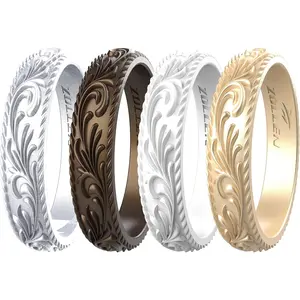 Silicone Wedding Rings for Women 4/7 Packs -Metallic Stackable Silicone Rubber Wedding Bands -Innovative Vine Collection